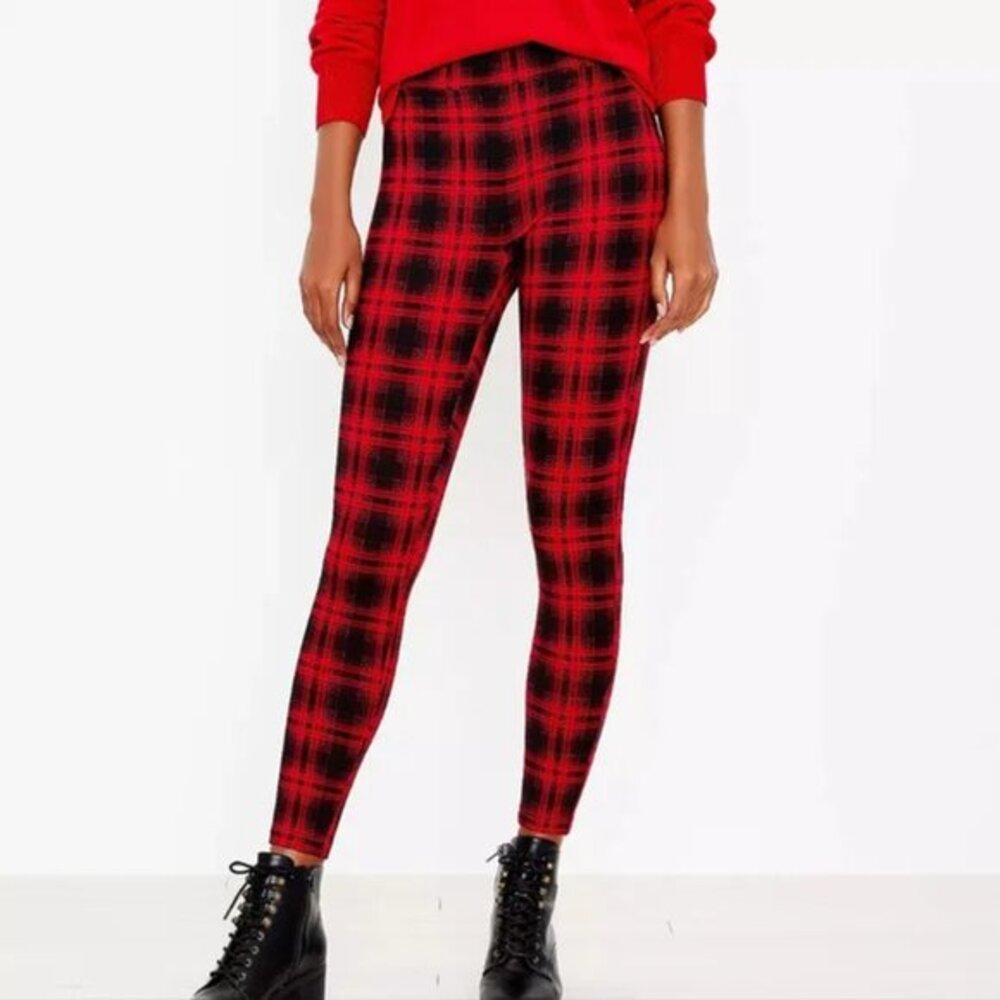 Loft Women’s XXL Black Red Buffalo Plaid Ponte Knit Stretch Skinny Leggings